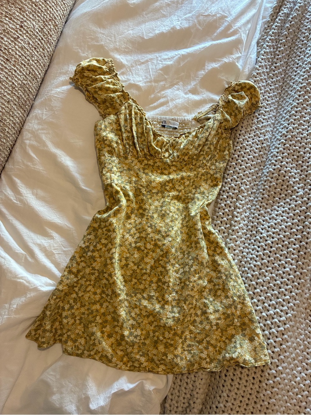 Zara Yellow Floral Puff-Sleeve Mini Dress